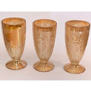 VTG Jeannette Glass Iris & Herringbone Marigold Glass Footed Tumblers (Set of 3)